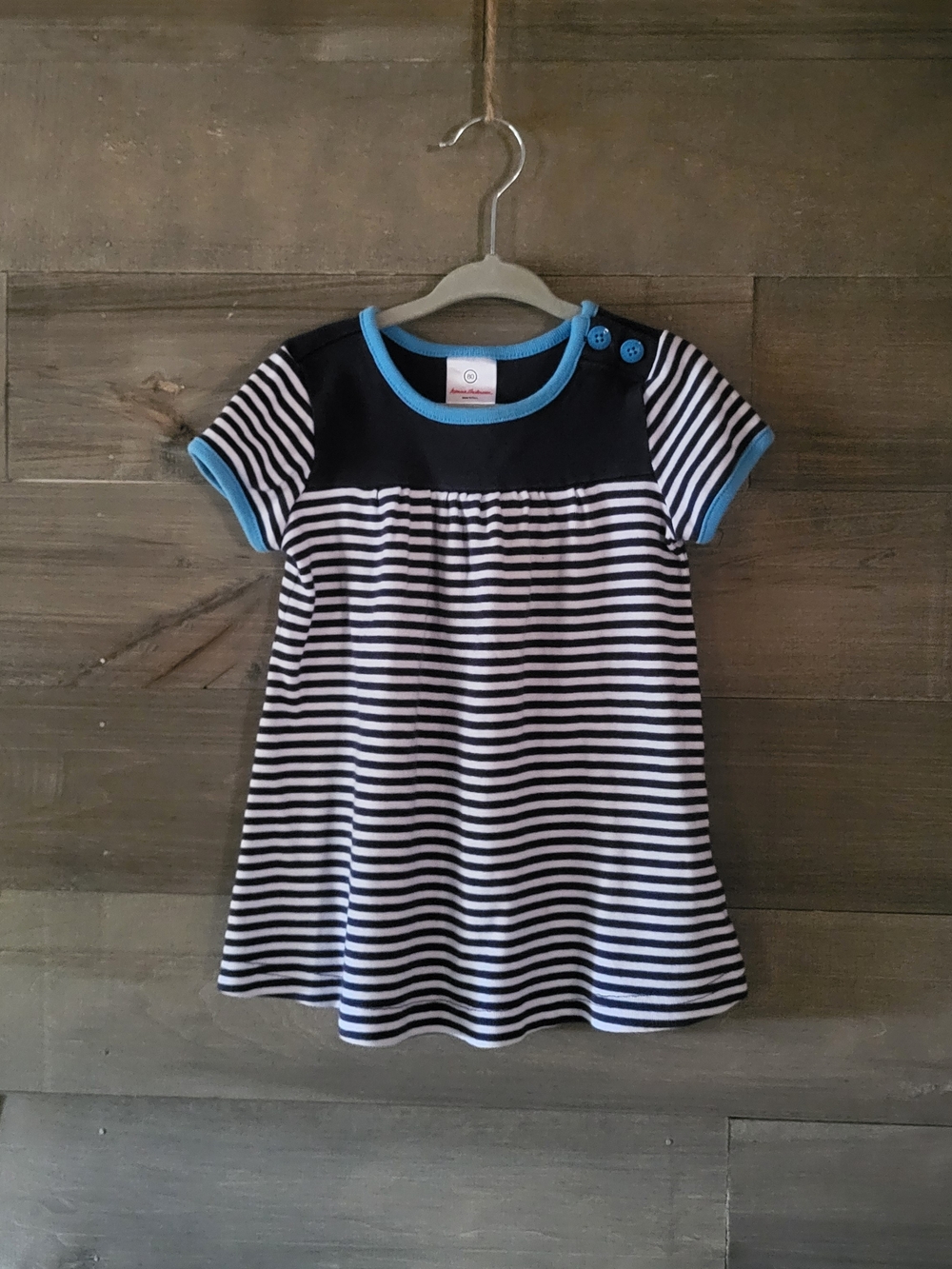 Hanna Andersson Navy & White Striped 100% Cotton Dress Size 80 (18-24 Month)